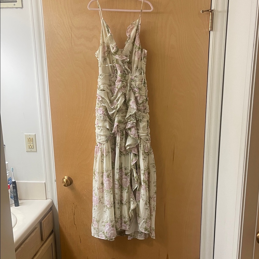 Astr Floral Ruffle Maxi Dress in Sage Green and Pink